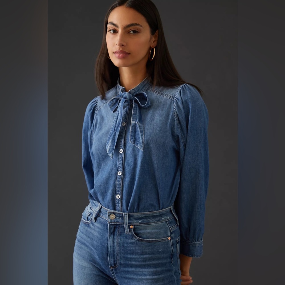 Pilcro Western Denim Bow Tie-Neck Blouse